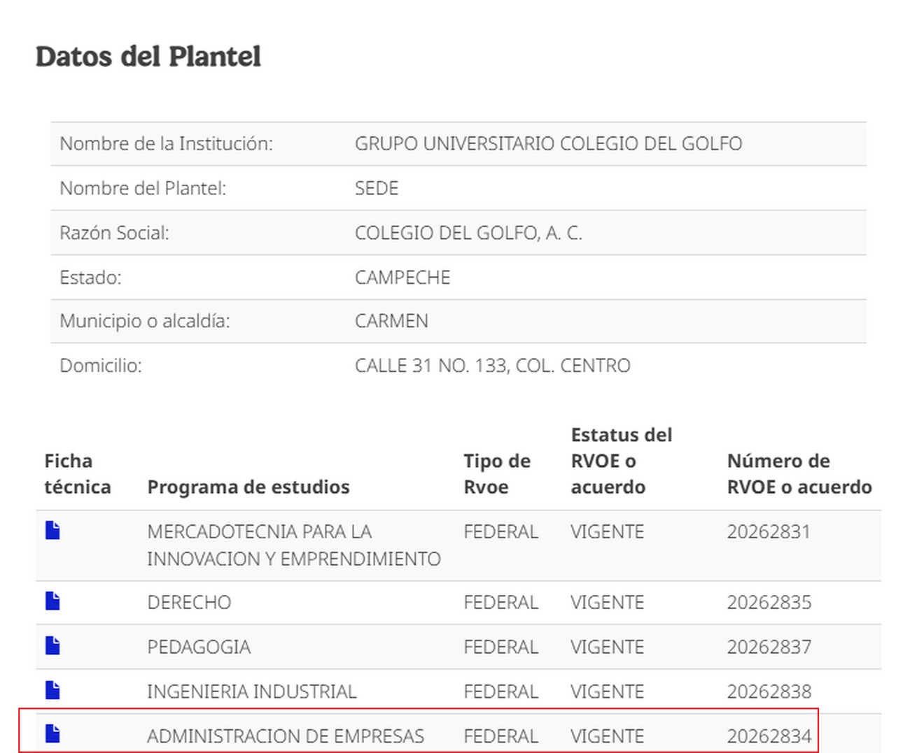 Ficha del RVOE 20262834 en el sistema oficial SIRVOES de la SEP